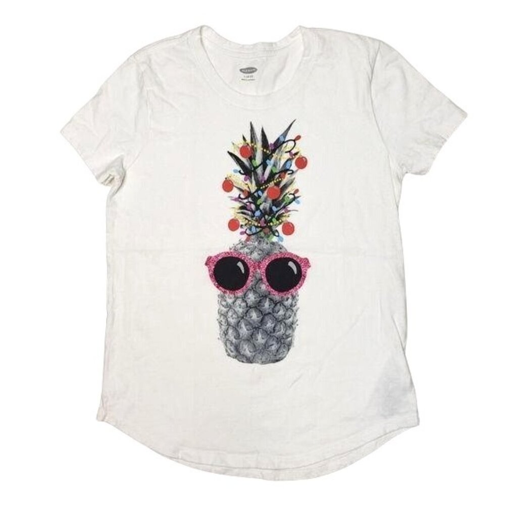 Old Navy Pineapple Graphic Tee In White With Pink Glitter Sunglasses Size L girl